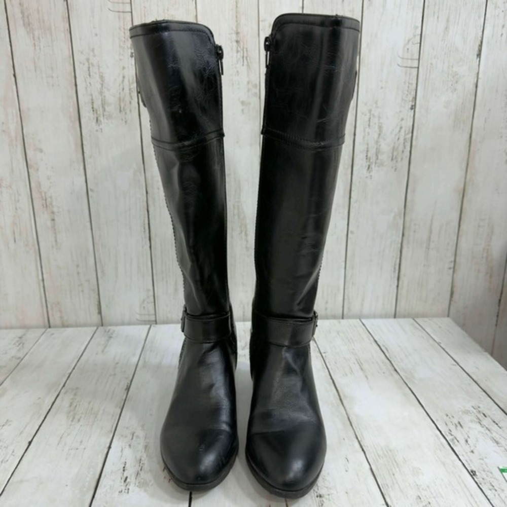 Unisa Women's Black Leather Knee High Riding Boots Buckle Detail Side Zip Size 6